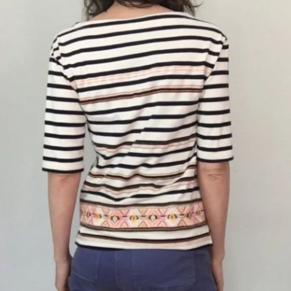 J. CREW Stitchwork Stripe Boat Neck 1/2 Sleeve Shirt Neon Embroidery - Small - Picture 2 of 14